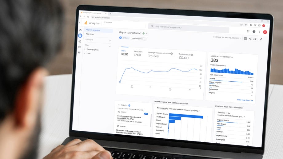 A close up of a laptop screen showing Google Analytics 4 interface. Different graphs and numerical values can be seen.