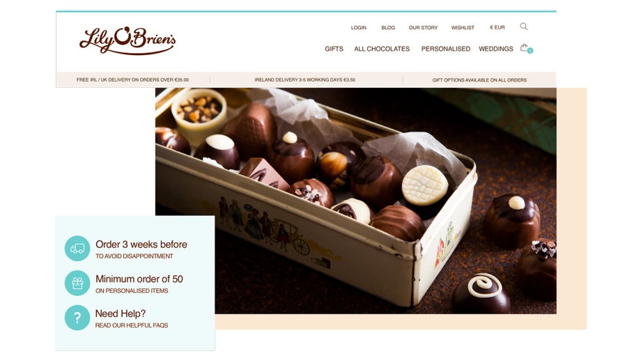 Screenshot of the Lily O'Brien's website