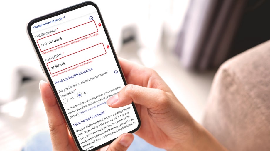 An individual is filling out a form on the Irish Life Health website and receiving error messages for incorrect information.