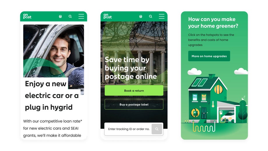 Three screenshots from the An Post mobile website