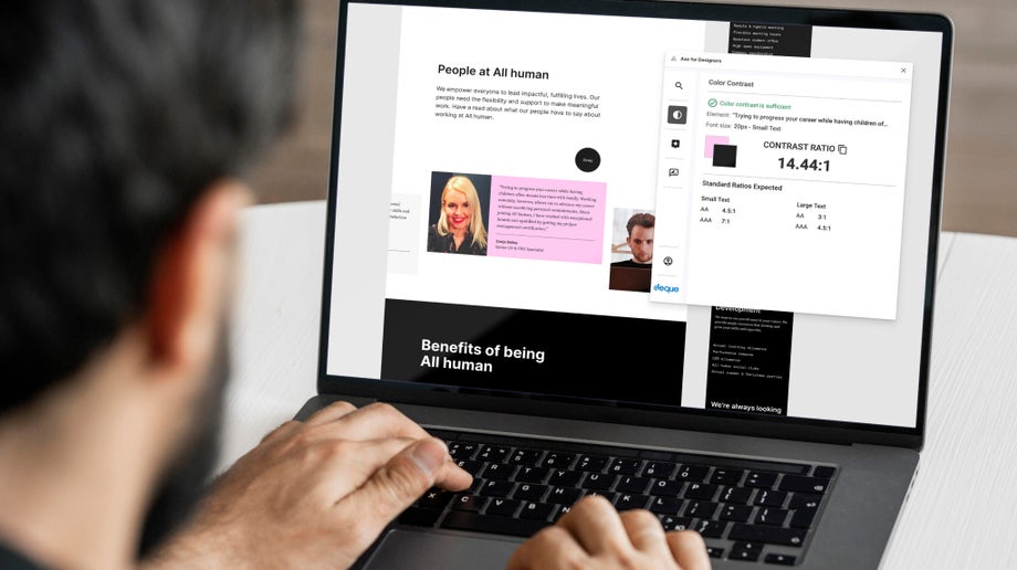 A designer is working on the All human website and scanning their design using the Axe accessibility plugin. 