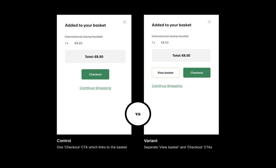 Comparing two online shopping experiences, one with the option to view basket and one without