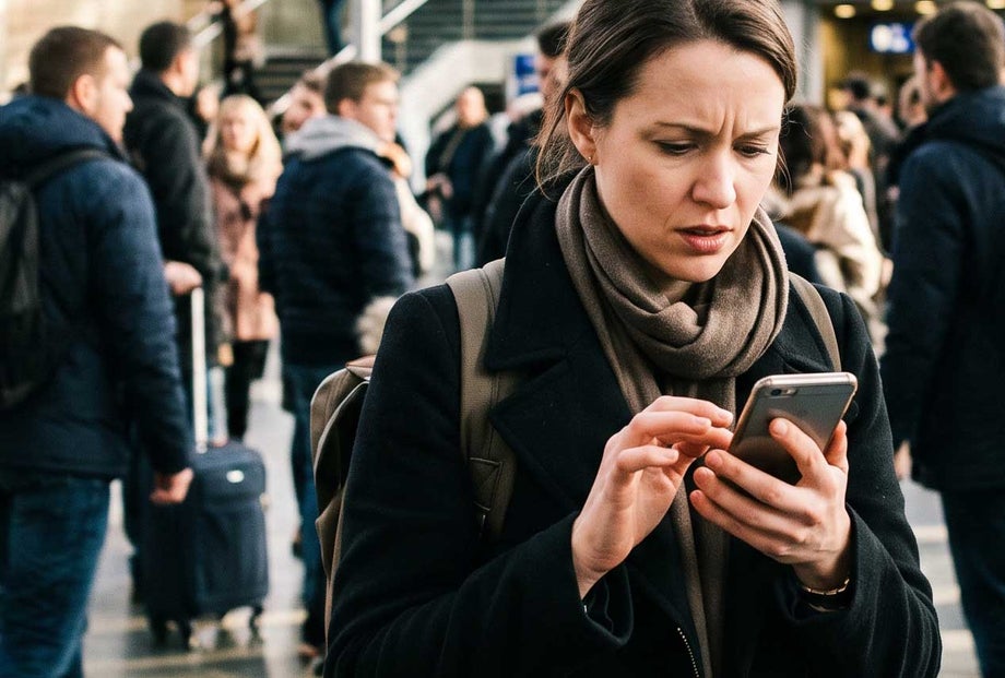 Person using a website or an app in a busy, noisy, real-world setting.