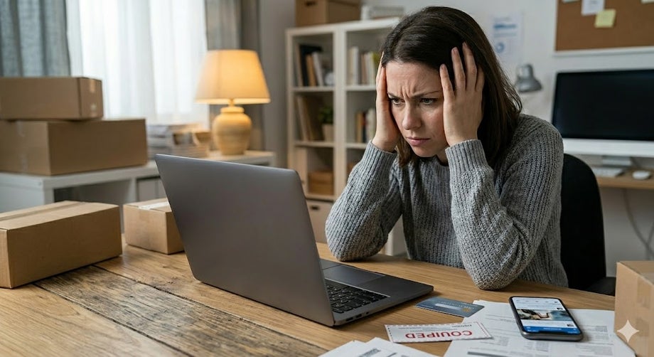 Woman clutching the sides of her head and looking at a laptop.
