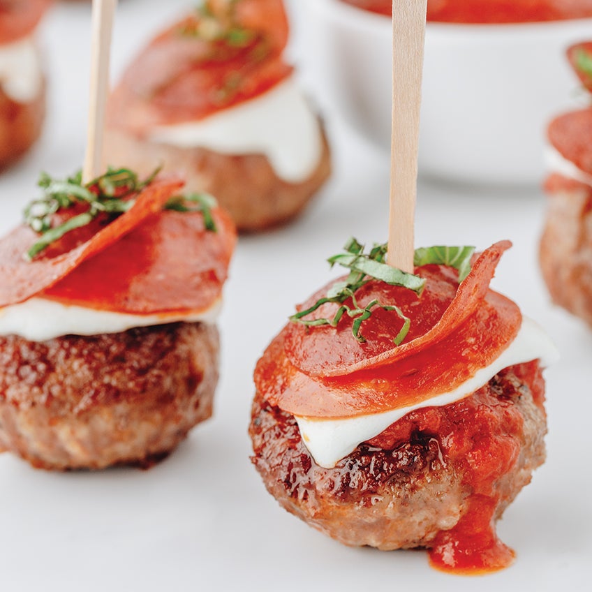 Meatball, Mozzarella and Pepperoni Skewers