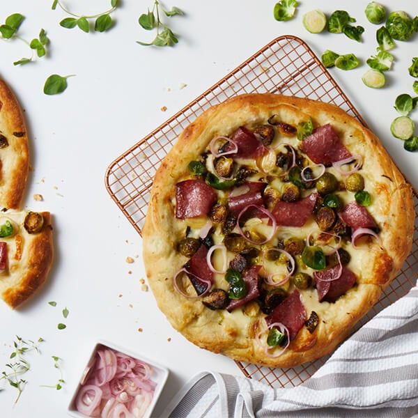 Sheet-Pan Pizza with Brussels Sprouts and Salami