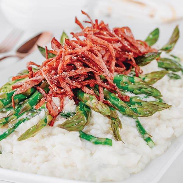 Risotto with Crispy Salami and Asparagus