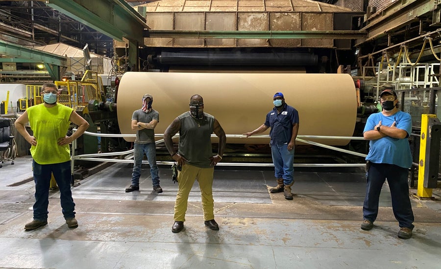   Palatka’s Kraft Paper Machine 1 crew are part of the team making paper for Amazon’s new recyclable mailers. From Left to Right, William Parrish, Justin Boyd, Samad Green, Cedric Wright, Tim Wilkinson. 