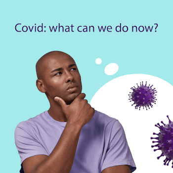 man wondering on the covid background with article title above it