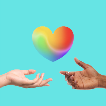 two hand reaching for heart in rainbow colour