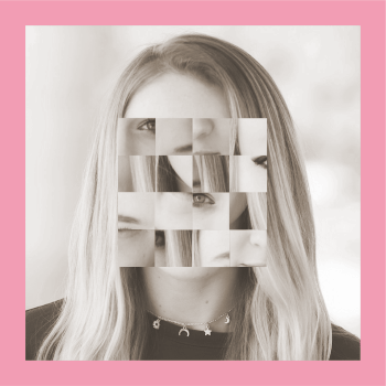 picture of a woman in pink frame with puzzled face into squared 4x4 pieces
