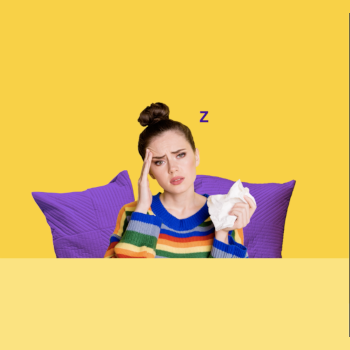 confused woman siting on a couch with yellow background