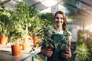 business owner holds plants