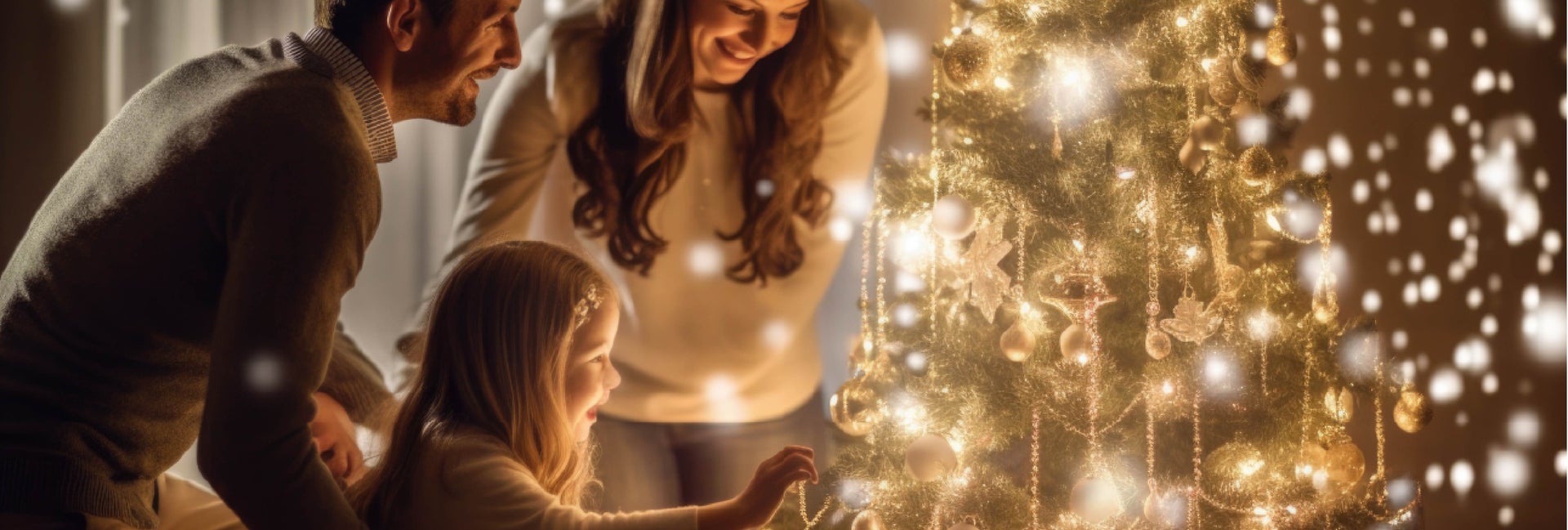 Family decorating Christmas tree.