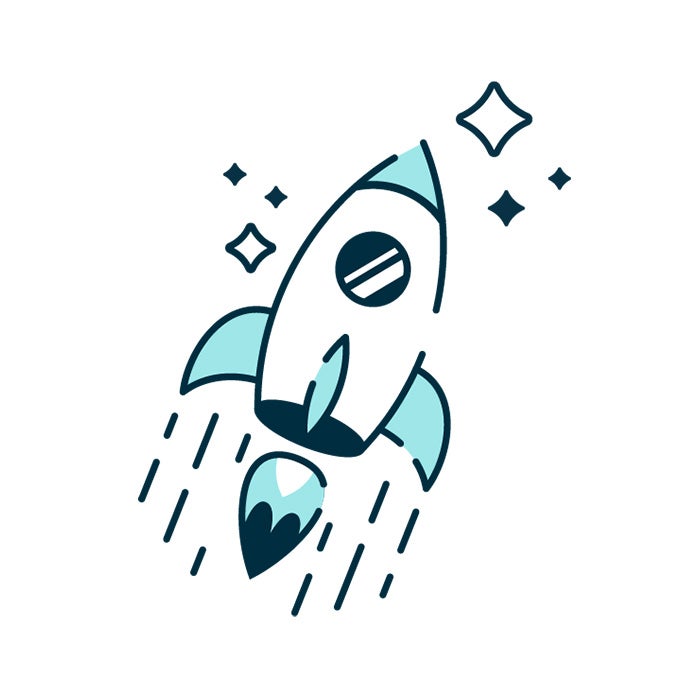 Blue and white rocket ascending to the upper right