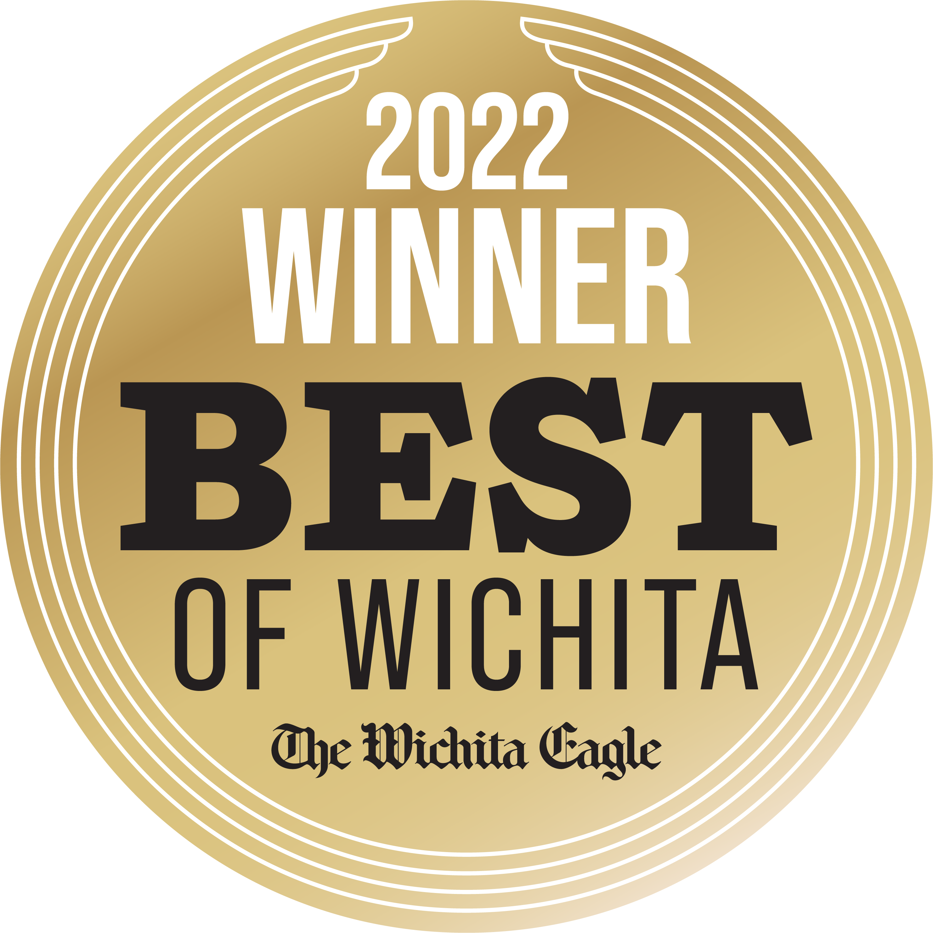 Gold circle with text on top 2022 winner best of Wichita