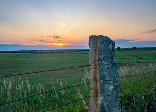 Fence post with barbed wire with pasture in background