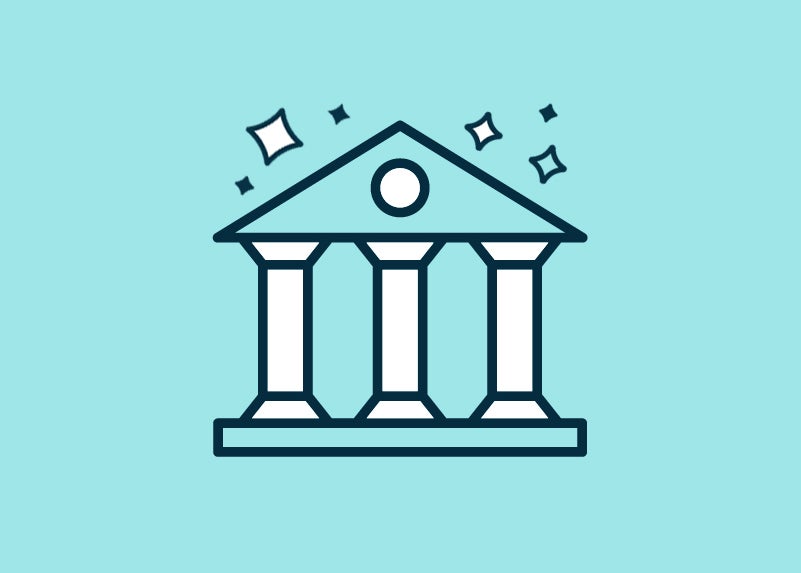 Building icon with 3 columns on blue background