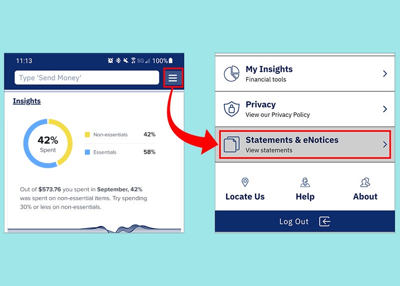 Arrow shows where to find e-statements and e-notices in the menu