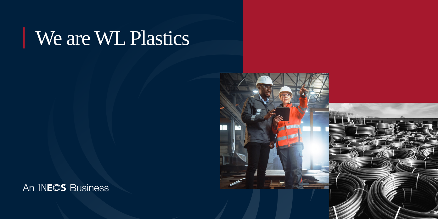 A banner with the text 'We are WL Plastics' on a dark blue background, alongside the tagline 'An INEOS Business' in white. The design features two images: one showing two workers in hard hats, one wearing an orange reflective vest, pointing and inspecting an industrial space; and another in grayscale displaying coiled industrial materials. The composition is accented by red and blue graphic elements.