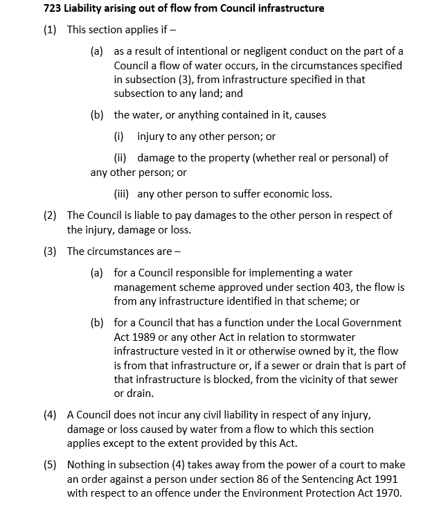 723 Liability arising out of flow from Council infrastructure