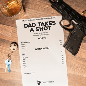 A promotional poster for the play Dad Takes a Shot