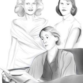 Virginia reading a book on a chair while Madam T. and Sylvia stand behind her.