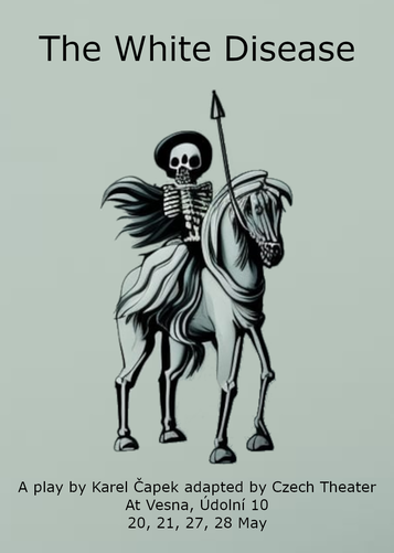 A poster for The White Disease with a skeleton on a horse.