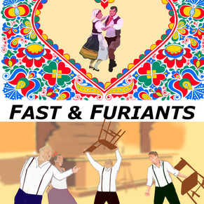 A cartoon poster for Fast & Furiants with people dancing at the top inside a heart and people threatening each other with chairs at the bottom.