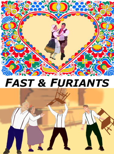 A cartoon poster for Fast & Furiants with people dancing at the top inside a heart and people threatening each other with chairs at the bottom.