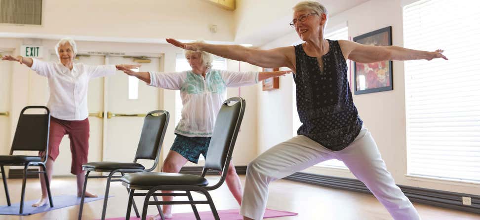 Stephanie Simpson's depiction of Falls Prevention Awareness Week with Yoga for Balance at Eskaton Village Carmichael, Sacramento, CA.