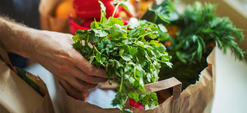 Two bags of groceries filled with fresh produce sit atop a kitchen counter.