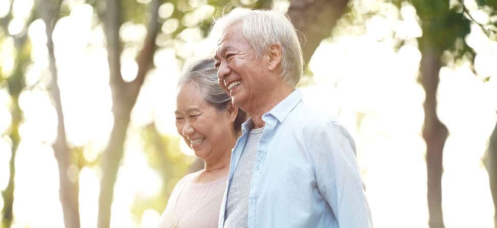 An older Asian couple is taking a walk in the park together on a sunny afternoon.