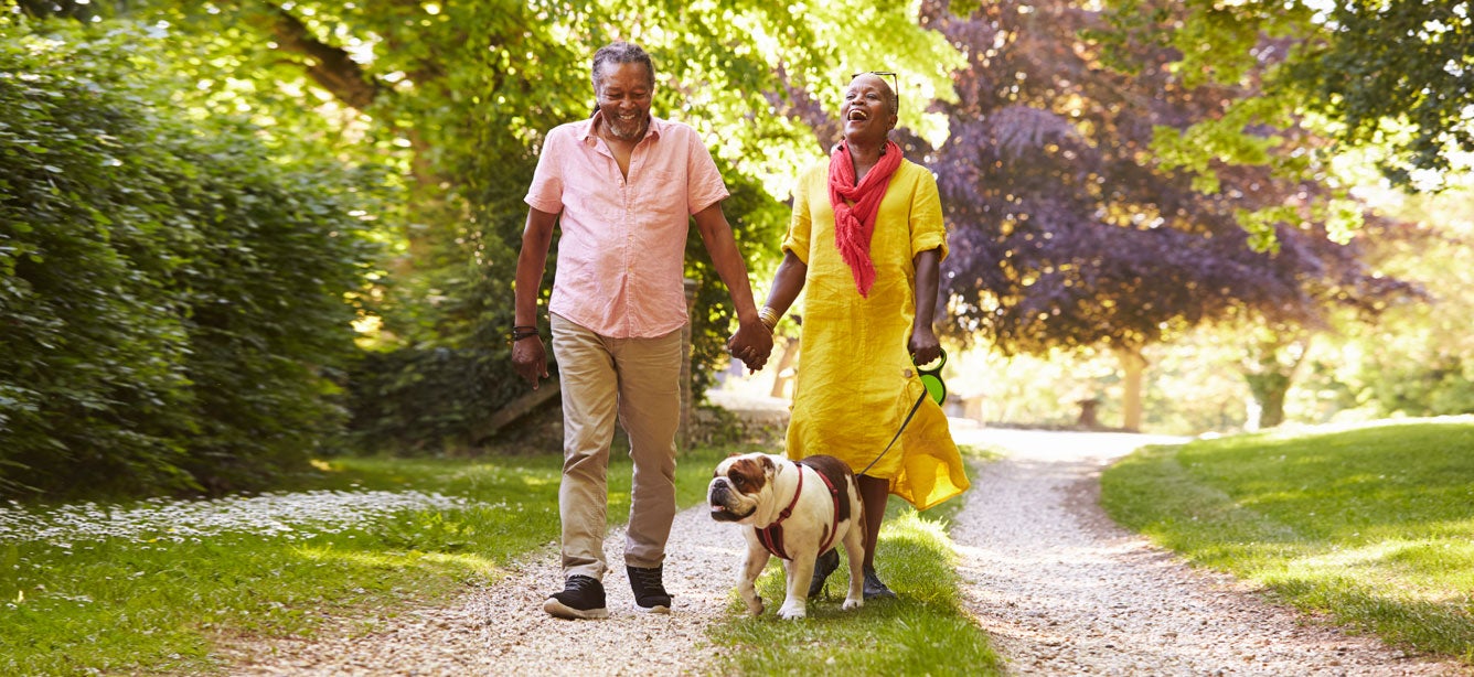 A senior Black couple is walking their bulldog in the park, laughing while enjoying nature.