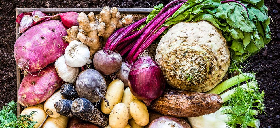 A beautiful artistic shot of a large group of multicolored fresh vegetables in a wooden crate.