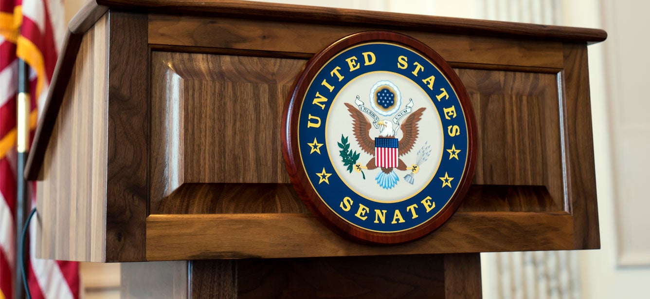 An empty podium where U.S. senators speak about upcoming bills and hearings in the U.S. Capitol.