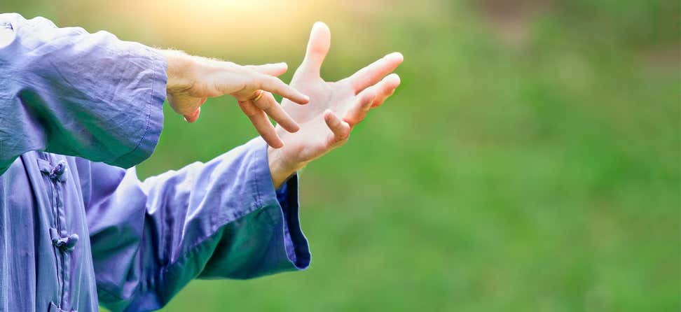 A senior woman's hands can be seen upclose doing Tai Chi Chuan, a Chinese martial art.